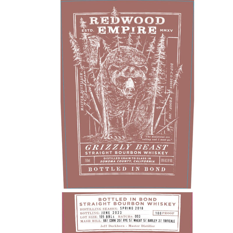 Redwood Empire Grizzly Beast Bourbon Bottled In Bond Batch 003