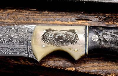 Handmade Damascus Skinning Knife with Camel Bone & Sheep Horn Handle